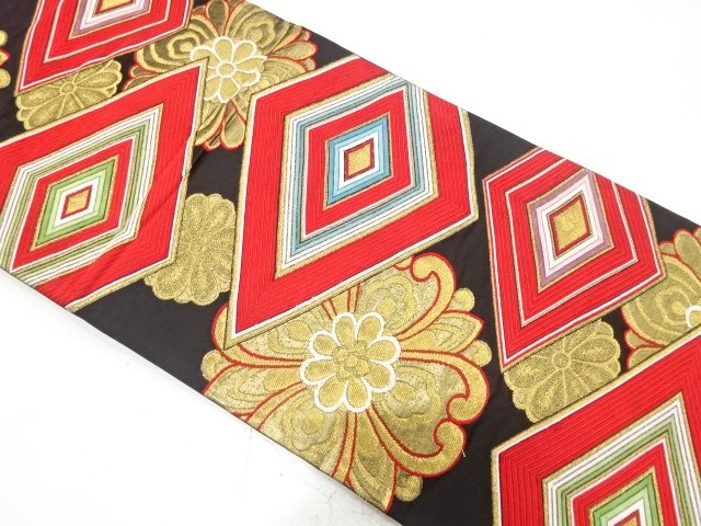 JAPANESE KIMONO / ANTIQUE FUKURO OBI / WOVEN RHOMBUS & FLORAL CREST